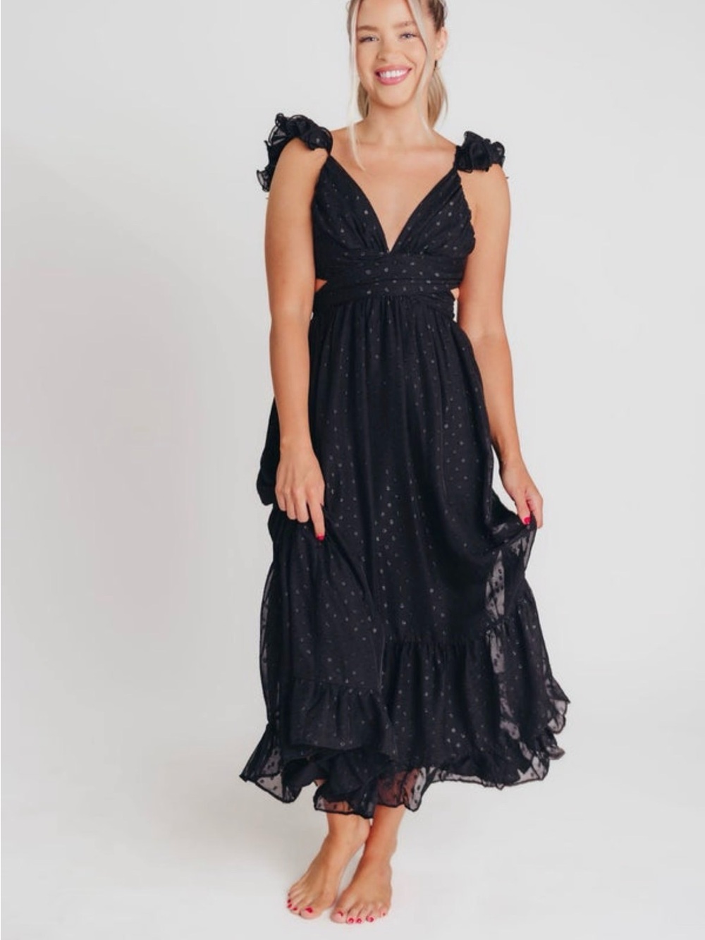Storia Black Ruffle-Strap V-Neck Maxi Dress